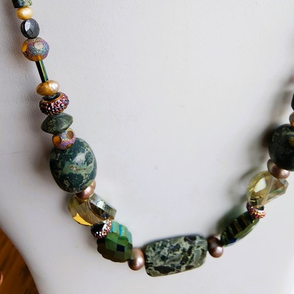 Rare One of Kind Necklace Fossilized Stromatolite Flashy Glass - Picture 3 of 4